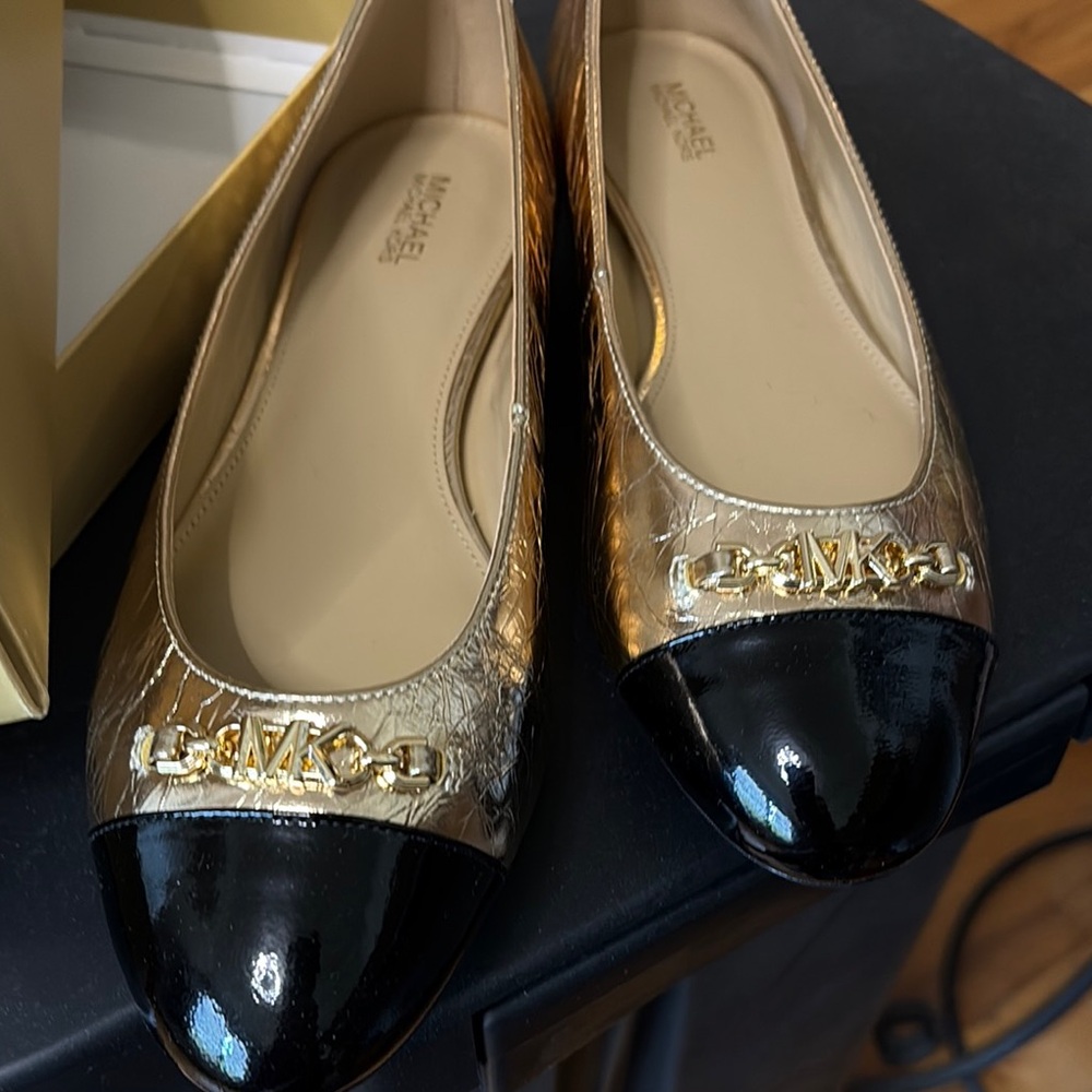 Michael Kors Gold and Black Flats with Chain Detail